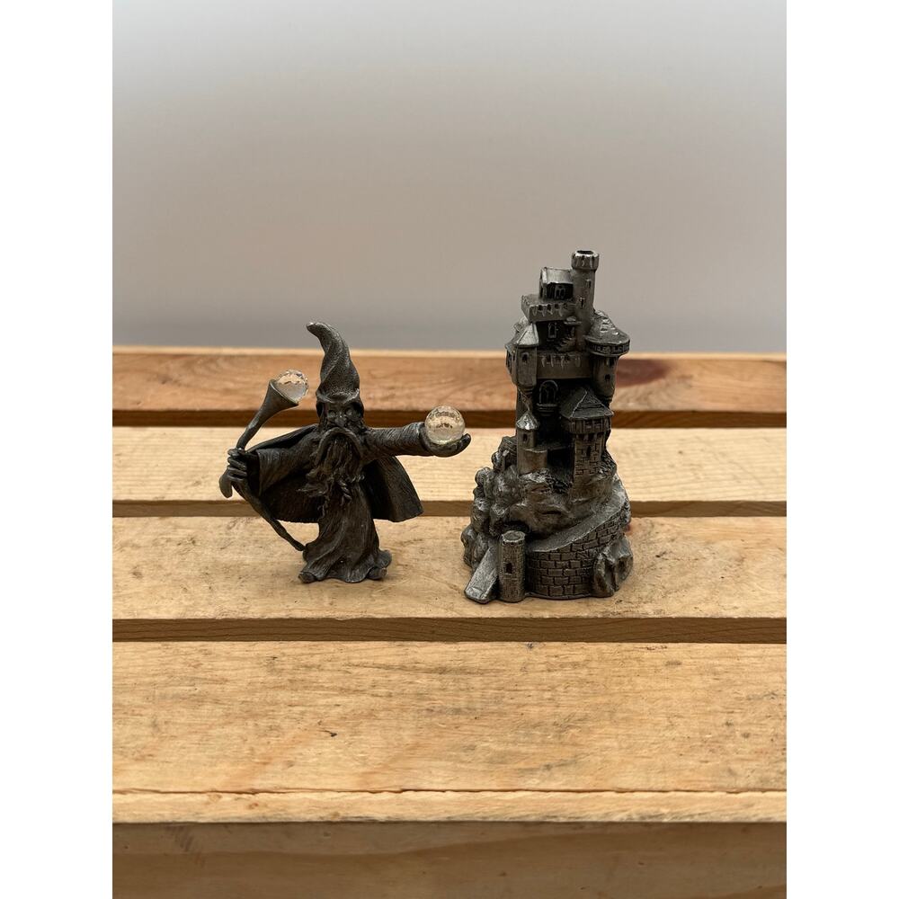 Vintage 1985 Spoontiques Pewter Wizard/1987 Hudson Fine Pewter Castle Figurines